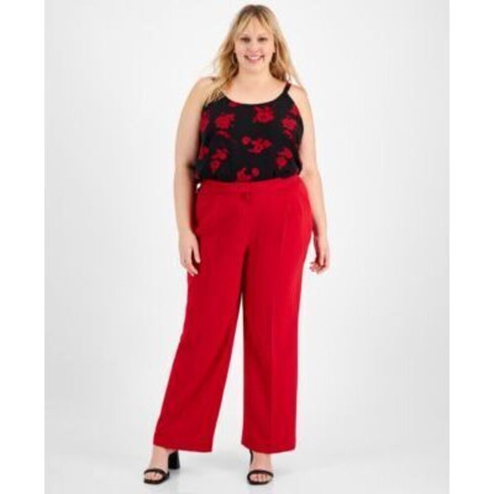 Bar Iii Plus Size Women's Red Textured Crepe Wide-Leg Pants 14W NWT